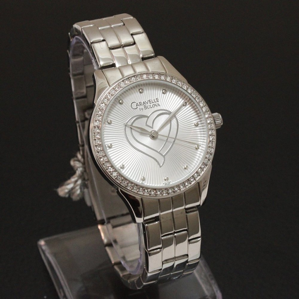 Caravelle Ladies Crystal Bezel Watch By Bulova Silver Tone Silver Heart Dial 32 - Picture 2 of 13
